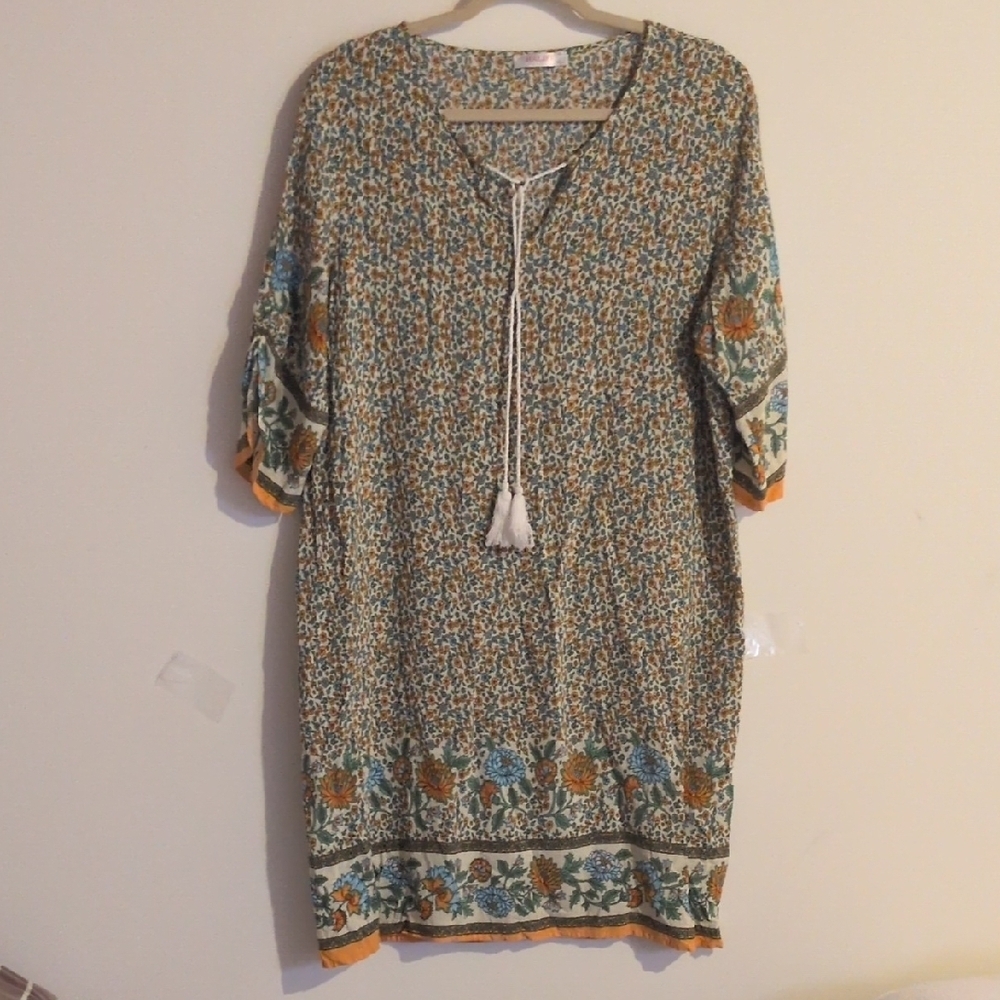 Alife Cream and Brown 3/4 Sleeve Tie Front Tunic